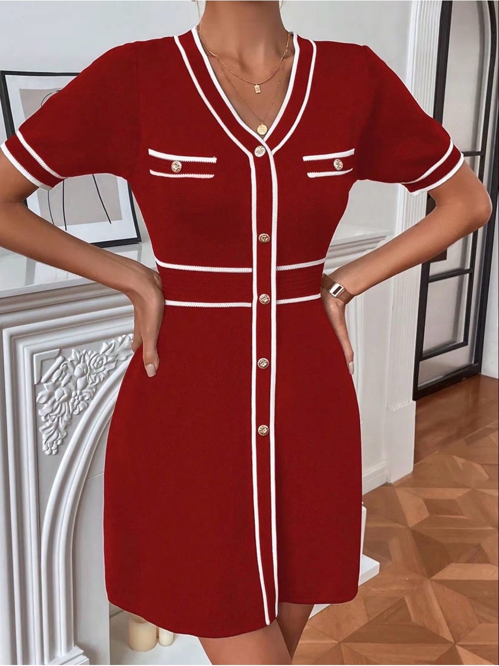 Red Short-Sleeve Button-Front Knit Dress with White Trim detailing